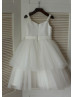 Thin Straps Ivory Sequin Tulle Tea Length Flower Girl Dress